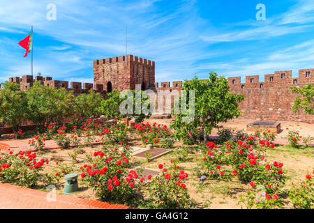 Le Rose in fiore nel giardino del castello di Silves, regione di Algarve, PORTOGALLO Foto Stock