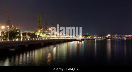 Treno monorotaia per l'Isola di Sentosa di Notte, Singapore Foto Stock