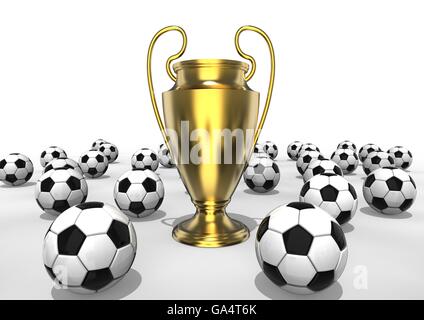 3D render image in rappresentanza di golden UEFA Trophy nel mezzo delle palle da calcio Foto Stock