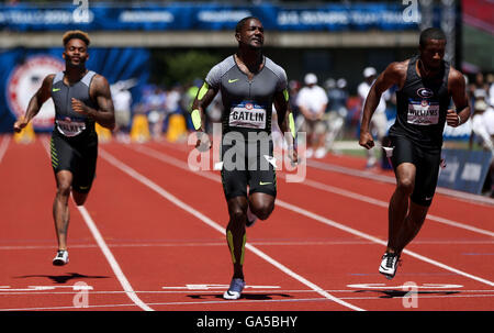 Eugene, Oregon, UK. 2 Luglio, 2016. JUSTIN GATLIN vince il calore 2 del 100 all'USA Track & Field prove olimpiche in campo Haward in Eugene, Oregon il 2 luglio 2016. Foto di David Blair Credito: David Blair/ZUMA filo/Alamy Live News Foto Stock