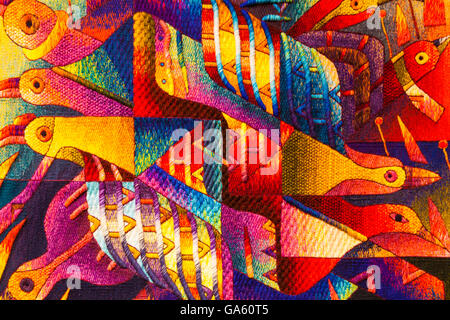 Intrecciato pannello sul display in Cusco raffiguranti peruviana forme di arte nella loro ricca storia Foto Stock