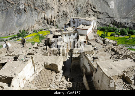 Case sulla collina e i campi nella valle vicino a villaggio, Lamayuru, nei pressi di Leh, Leh a Srinagar Road, Ladakh, Jammu e Kashmir India Foto Stock