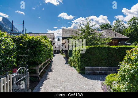 Stretta strada di ciottoli di Saanen, un villaggio nelle Alpi svizzere, incorniciato da chalets e giardini. Berner Oberland, Svizzera. Foto Stock