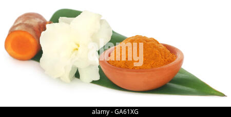 Curcuma con fiore bianco su foglia verde Foto Stock