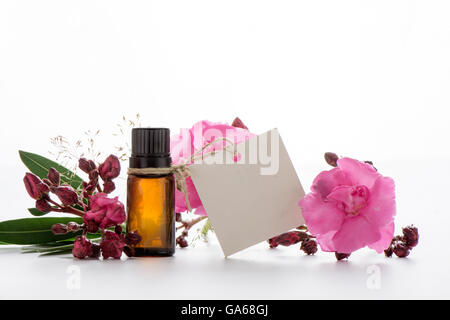 Olio essenziale, i tag vuoti e le rose fiori Foto Stock