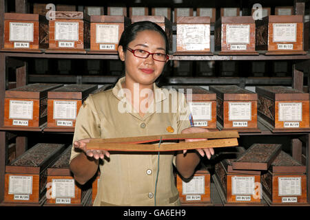 Campioni di antichi manoscritti Lontar visualizzati da un impiegato della biblioteca. Libreria Lontar Gedong Kirtya, Singaraja Bali, Indonesia. Foto Stock