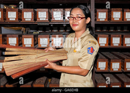 Campioni di antichi manoscritti Lontar visualizzati da un impiegato della biblioteca e libreria Lontar Gedong Kirtya, Singaraja Bali, Indonesia. Foto Stock