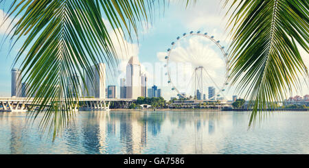 La Baia di Singapore dal lato dei giardini con palmtree in primo piano Foto Stock
