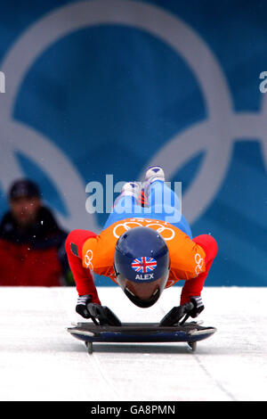 Olimpiadi invernali - Salt Lake City 2002 - Skeleton - allenamento maschile e femminile. Alex Coomber della Gran Bretagna Foto Stock