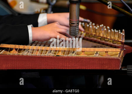 Mani Playing Arabian Qanon strumento musicale durante una sinfonia Foto Stock