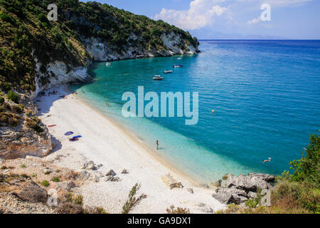 La spiaggia Xigia Bay a Zante il 25 luglio 2015. Foto Stock