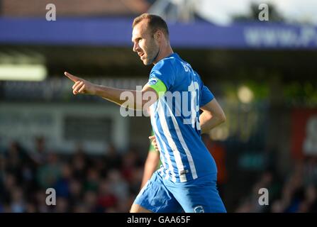 Cork, Irlanda. 04 Ago, 2016. UEFA Europa League calcio giro di qualifica. La città di Cork versus Racing Genk. Thomas BUFFEL avanti di KRC Genk celebra il punteggio dopo i giochi per primo il traguardo nel XII minuto © Azione Sport Plus/Alamy Live News Foto Stock