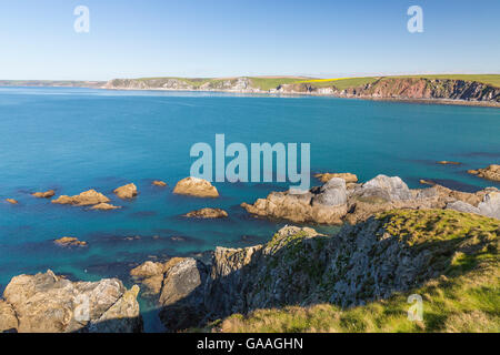 Le scogliere di ardesia del lato sud del Burgh Island, South Devon, Inghilterra, Regno Unito Foto Stock