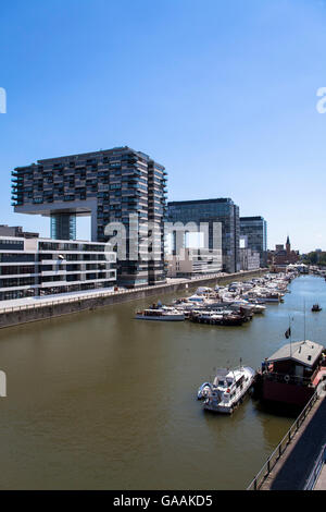 Germania, Colonia, la Gru case a Rheinau Harbour, architetto Hadi Teherani, sulla sinistra il palazzo Dock 6-10, in Foto Stock