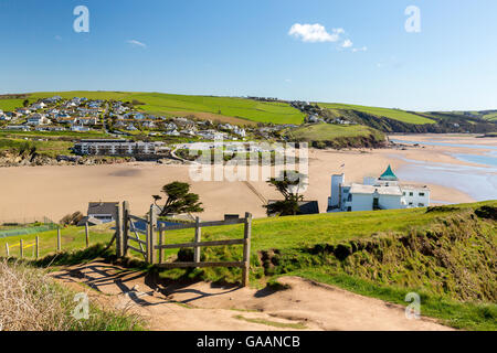 Bigbury sul mare dal vertice dei burgh Island, South Devon, Inghilterra, Regno Unito Foto Stock
