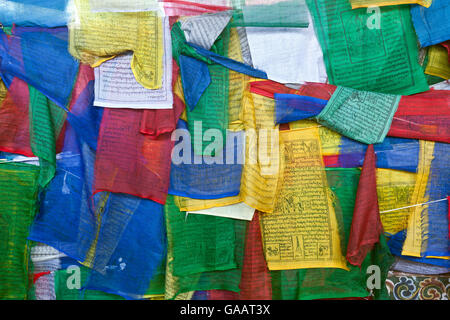 Bandiere di preghiera che copre il lato dei Kuendeying Bazzam ponte sopra il Wang Chhu a Thimphu. Il Bhutan, ottobre 2014. Foto Stock