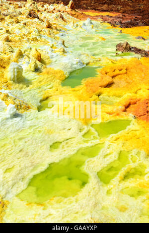 Dallol primavera calda con sale concrezioni colorate da zolfo, potassio e ferro, Dallol Vulcano, Danakil depressione, Etiopia, marzo 2015. Foto Stock