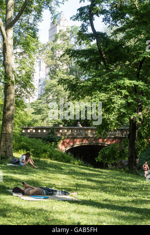 I frequentatori del Parco godendo la zona vicino Driprock Arch a Central Park, New York, Stati Uniti d'America Foto Stock