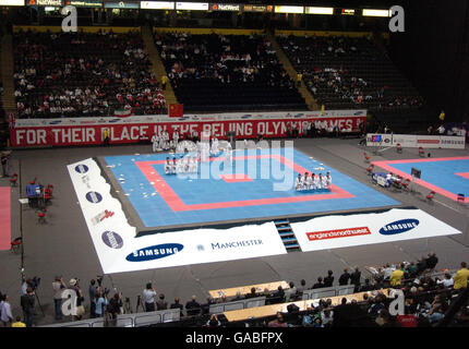 Il Korean Tigers Demonstration Team si esibir durante la qualificazione olimpica di World Taekwondo Bejing 2007 presso LA MEN Arena di Manchester. Foto Stock