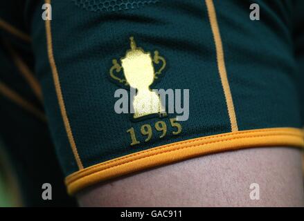 Primo piano della maglia sudafricana che mostra il loro vittoria della coppa del mondo 1995 Foto Stock