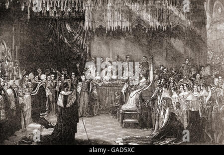 L incoronazione della Regina Victoria, 28 giugno 1838. Victoria, 1819 - 1901. La regina del Regno Unito di Gran Bretagna e Irlanda. Foto Stock