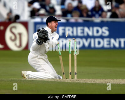 Il guardiano del wicket inglese Alec Stewart tenta di inciampare Foto Stock