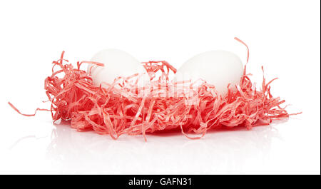 Due bianco uova di pollo in carta rosa nest isolati su sfondo bianco Foto Stock