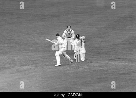 Peter May (l) del Surrey è inciampato dal wicketkeeper Godfrey del MCC Evans (r) per 59 Foto Stock
