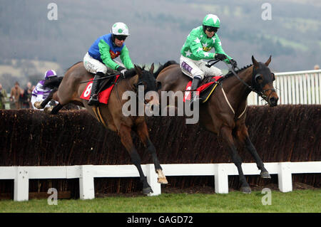 Vodka Bleu guidato da Timmy Murphy (a sinistra) salta l'ultimo con Patman du Charmill guidato da P.J.Brennan per andare avanti e vincere il TurfTV New Year Steeple Chase all'ippodromo di Cheltenham. Foto Stock