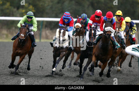 Vincitore Crimson Fern e Jockey MR S Waker (giallo/rosso estrema destra) durante l'Hotel Coming to Lingfield Park Amater Riders handicap Stakes presso l'ippodromo di Lingfield, Surrey. Foto Stock