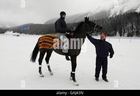 Corse ippiche - Turf Bianco - St Moritz. L'allenatore britannico Ron Harris controlla il suo cavallo Arturius sul lago ghiacciato di St Moritz, Svizzera. Foto Stock