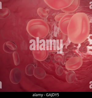 Le cellule rosse del sangue in movimento in vena con profondità di campo. 3d illustrazione Foto Stock