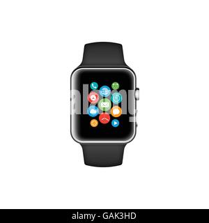 Smart watch nero con icone illustrazione vettoriale Illustrazione Vettoriale