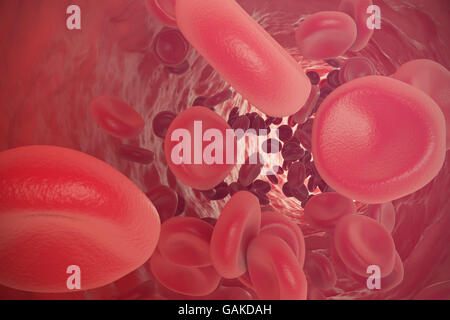 Le cellule rosse del sangue in movimento in vasi. 3d illustrazione Foto Stock