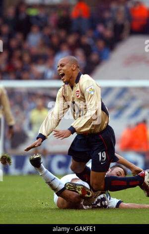 Gilberto dell'Arsenal (davanti) prende un tumble dopo una sfida vicino Danny Dichio di West Bromwich Albion Foto Stock