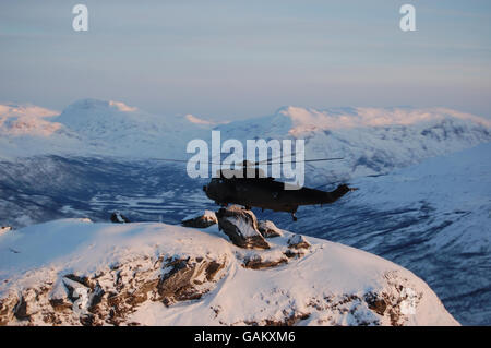 Tenente ed Vaughan, 29 anni, della Commando Helicopter Force, 845 Naval Helicopter Squadron, addestramento pre-spiegamento per l'Afghanistan a Bardufoss, Norvegia, equilibrando la ruota di un elicottero Sea King sulla cima di una montagna. Foto Stock