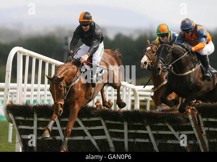 Le giostre di Jockey Barry Geraghty hanno superato la recinzione finale per vincere l'Oberstown Novice Hurdle durante il National Hunt Festival 2008 all'ippodromo di Punchestown, in Irlanda. Foto Stock