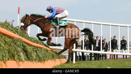 Jockey Ruby Walsh Rides Twist Magic alla vittoria nel campione di Kerrygold Steeplechaseduring the 2008 National Hunt Festival at Punchestown Racecourse, Irlanda. Foto Stock