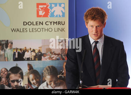 Prince Harry si rivolge alla terza Conferenza Internazionale per le organizzazioni che sostengono lo sviluppo e il cambiamento in Lesotho che si tiene a Cardiff. Foto Stock