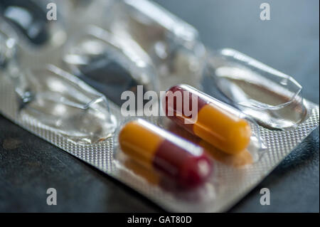 Un pacco di Amoxicillin 500mg Antibiotici capsule Foto Stock