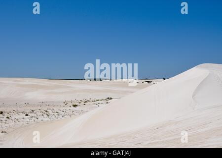 Paesaggio incontaminato a Lancelin dune di sabbia con sabbia bianca sotto un cielo blu chiaro in Lancelin, Western Australia. Foto Stock