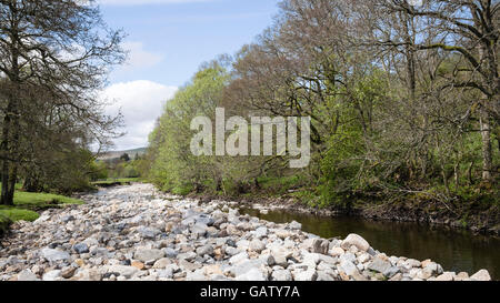 Depositi di alluvioni nella parte superiore del Fiume South Tyne, Garrigill, Cumbria, England, Regno Unito Foto Stock