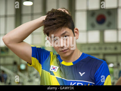 Lee Yong-dae, Lug 5, 2016 : sud coreano badminton player Lee Yong-dae durante il pre-Rio Olimpiadi media day presso il National Training Center a Seul, in Corea del Sud. Lee è uno dei la Corea del Sud le migliori prospettive per una medaglia di oro durante il 2016 Rio giochi olimpici estivi che si terrà a Rio de Janeiro in Brasile da agosto 5-21. © Lee Jae-Won/AFLO/Alamy Live News Foto Stock