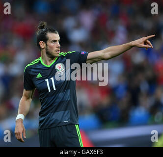 Lione, Francia. 6 Luglio, 2016. Gareth Bale del Galles reagisce durante l'Euro 2016 semifinale partita tra Portogallo e nel Galles a Lione, in Francia, il 6 luglio 2016. Credito: Tao Xiyi/Xinhua/Alamy Live News Foto Stock