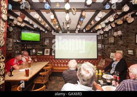 Llansaint, Carmarthenshire, Wales, Regno Unito. 06 Luglio, 2016. Orgogliosa Welsh tifosi guardare semi finale di Euro 2016 partita di calcio in Portogallo v Galles in King Arms pub nel villaggio di Llansaint,Carmarthenshire,Wales.Il Portogallo ha vinto 2-0. Il consumo di alcol,birra, Foto Stock