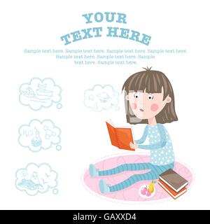 Il bambino apprende nuove conoscenze da libri. Illustrazione Vettoriale