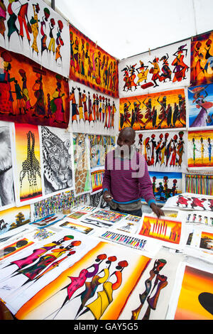 Un fornitore di arte in Piazza Greenmarket, Sud Africa Foto Stock