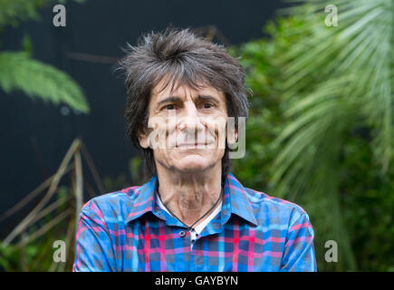 Rolling Stones chitarrista,Ronnie Wood della RHS Hampton Court flower show a un cavalletto di sostegno delle persone con tumore all'intestino Foto Stock