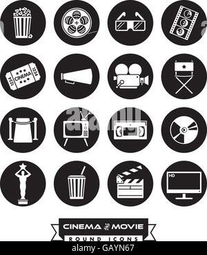 Raccolta di 16 cinema e film correlati icone vettoriali, negativo nei cerchi neri Illustrazione Vettoriale