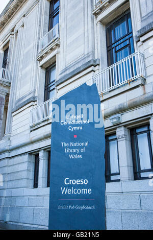 La Biblioteca nazionale del Galles segno di benvenuto in Aberystwyth Ceredigion REGNO UNITO Galles Foto Stock